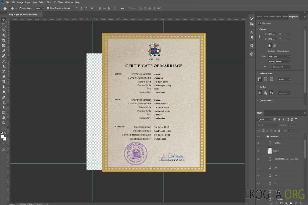 Modèle PSD de certificat de mariage en Islande template
